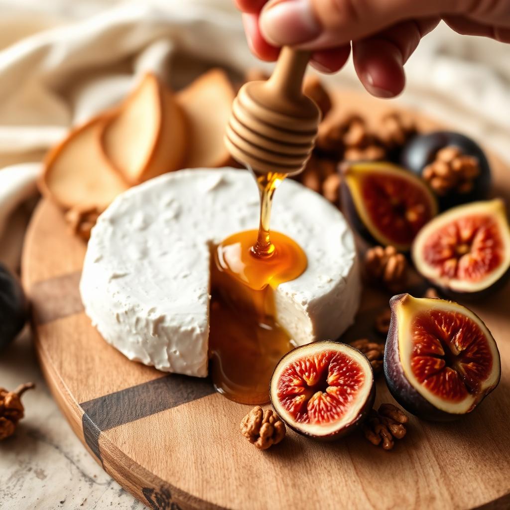 Detalhe de queijo brie com mel e figos
