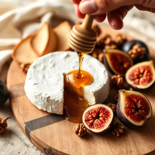 Detalhe de queijo brie com mel e figos