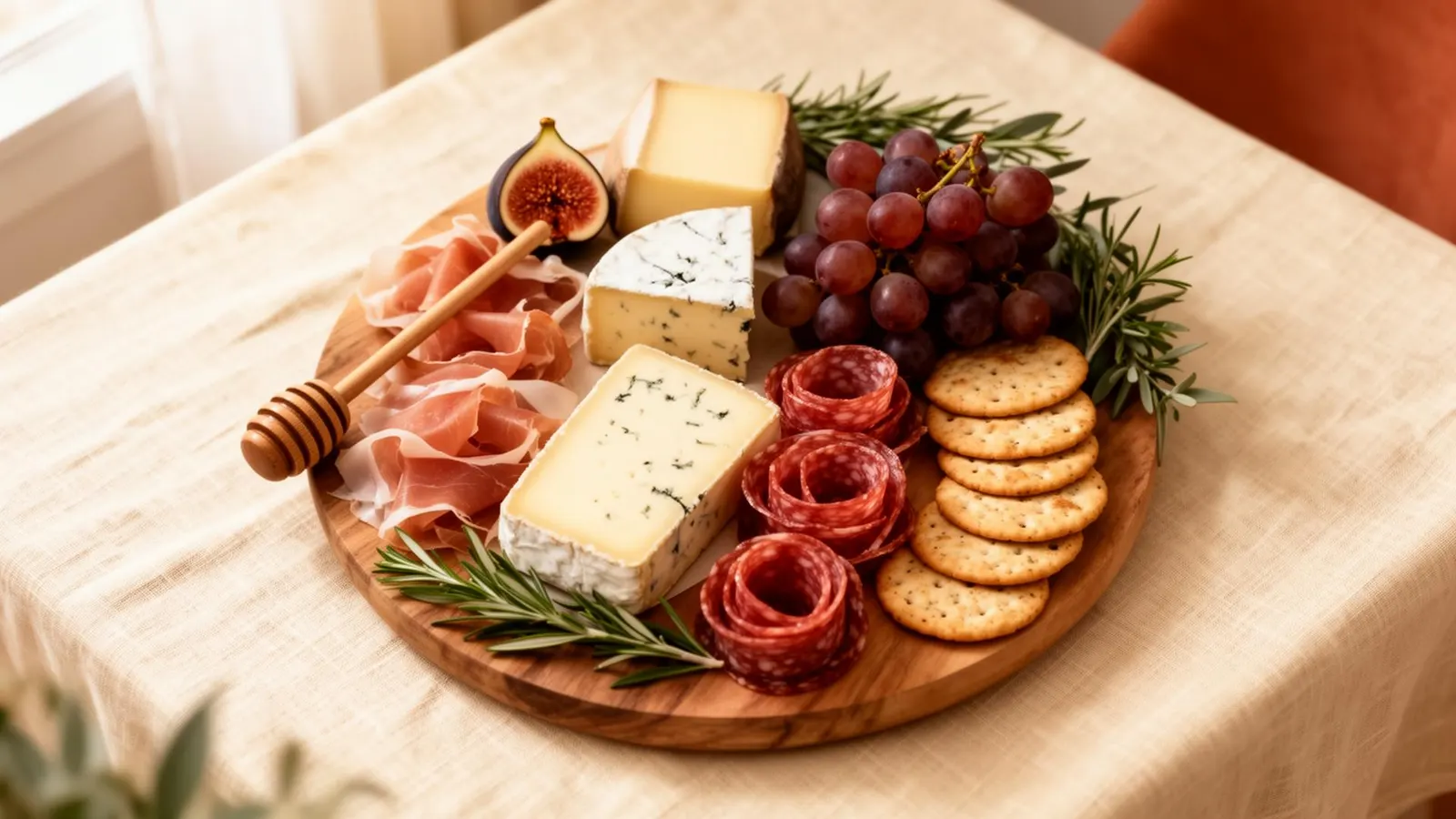 Tábua de frios montada com queijos, presunto cru, figos, uvas e crackers